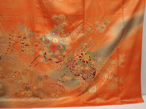 Photo7: 6826T11z1150 Vintage Japanese Kimono Silk FURISODE Flower cart Dark orange (7)