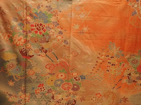 Photo8: 6826T11z1150 Vintage Japanese Kimono Silk FURISODE Flower cart Dark orange (8)
