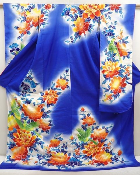 Photo1: 6826T12z1630  Japanese Kimono Synthetic KAKESHITA FURISODE Peony (1)
