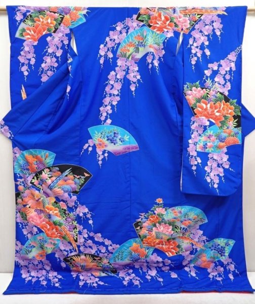 Photo1: 6826T13z1630  Japanese Kimono Synthetic KAKESHITA FURISODE Pheasant Blue (1)