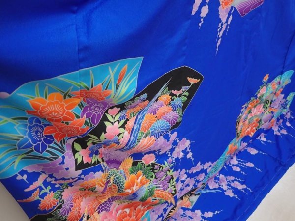 Photo3: 6826T13z1630  Japanese Kimono Synthetic KAKESHITA FURISODE Pheasant Blue (3)