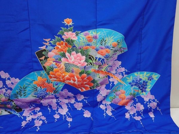 Photo7: 6826T13z1630  Japanese Kimono Synthetic KAKESHITA FURISODE Pheasant Blue (7)