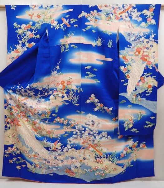 Photo1: 6826T14z1040  Japanese Kimono Silk FURISODE Peacock Oriental blue (1)