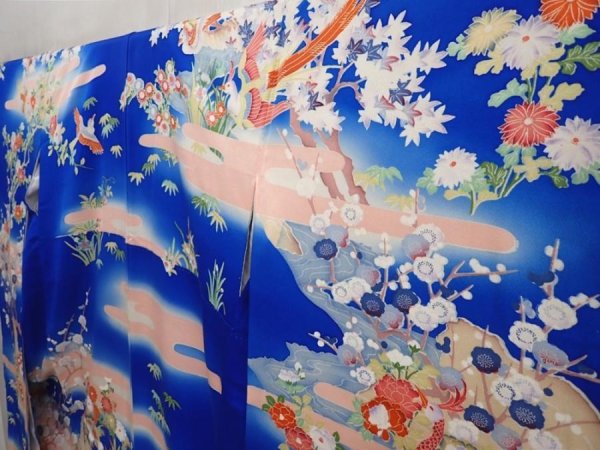 Photo2: 6826T14z1040  Japanese Kimono Silk FURISODE Peacock Oriental blue (2)