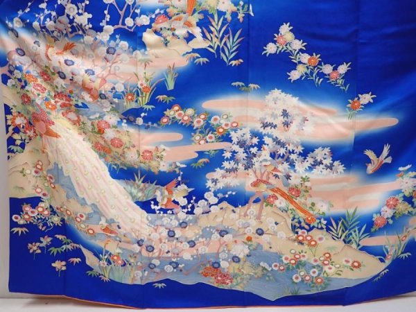Photo5: 6826T14z1040  Japanese Kimono Silk FURISODE Peacock Oriental blue (5)