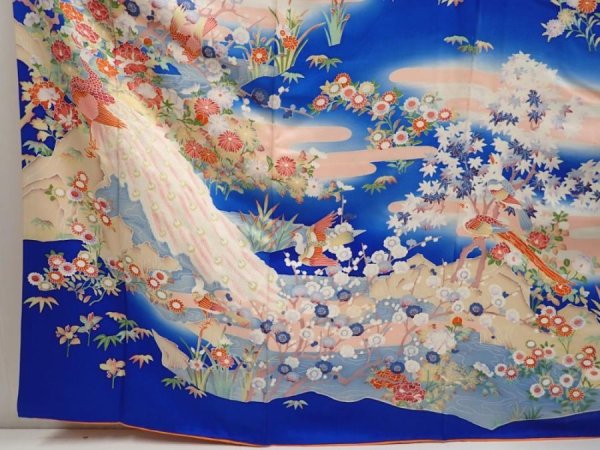 Photo6: 6826T14z1040  Japanese Kimono Silk FURISODE Peacock Oriental blue (6)