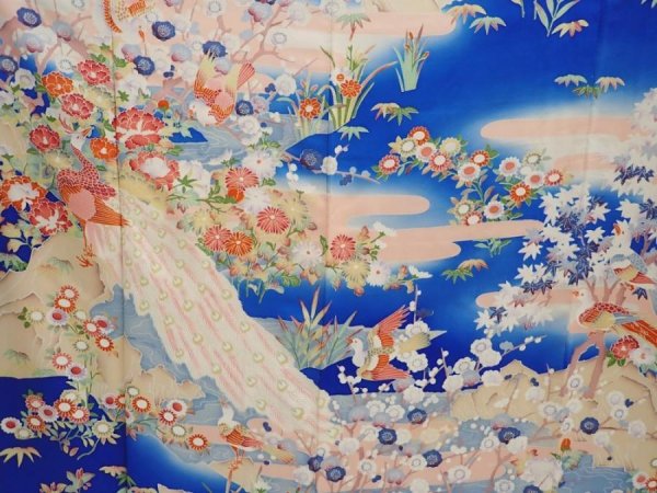 Photo8: 6826T14z1040  Japanese Kimono Silk FURISODE Peacock Oriental blue (8)