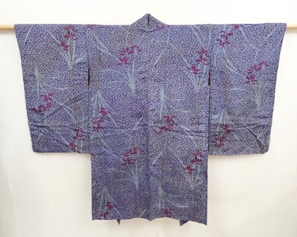 Photo1: 6827T02z460 Antique Japanese Kimono Silk HAORI Flower Dark lavender (1)