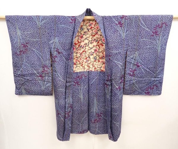 Photo5: 6827T02z460 Antique Japanese Kimono Silk HAORI Flower Dark lavender (5)