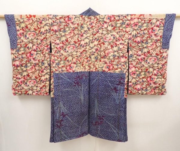 Photo6: 6827T02z460 Antique Japanese Kimono Silk HAORI Flower Dark lavender (6)