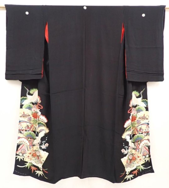 Photo1: 6827T03z750 Antique Japanese Kimono Silk TOMESODE Flying crane Black (1)