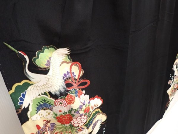 Photo3: 6827T03z750 Antique Japanese Kimono Silk TOMESODE Flying crane Black (3)