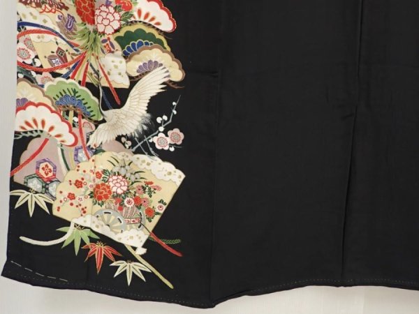 Photo6: 6827T03z750 Antique Japanese Kimono Silk TOMESODE Flying crane Black (6)
