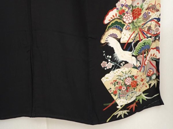 Photo7: 6827T03z750 Antique Japanese Kimono Silk TOMESODE Flying crane Black (7)