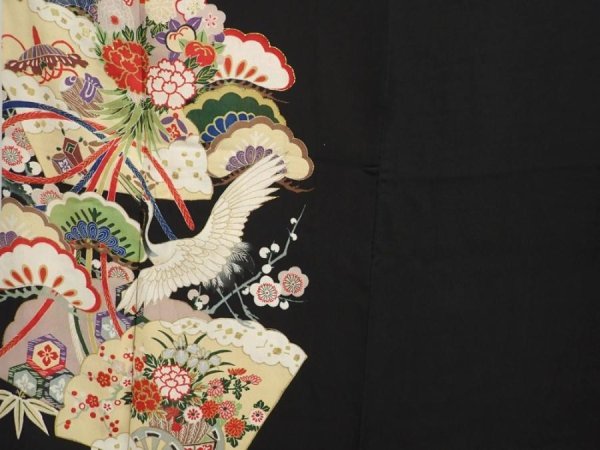 Photo8: 6827T03z750 Antique Japanese Kimono Silk TOMESODE Flying crane Black (8)