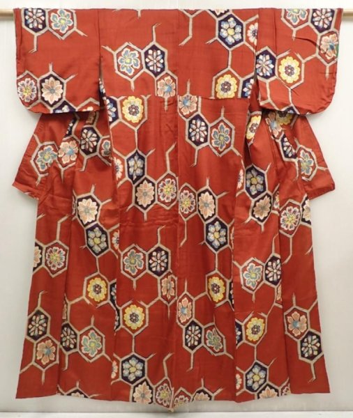 Photo1: 6827T04z620 Vintage Japanese Kimono Silk TSUMUGI Flowers Red-Brown (1)