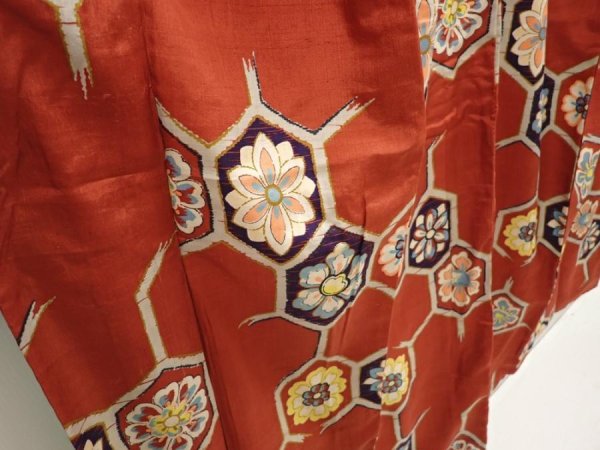 Photo3: 6827T04z620 Vintage Japanese Kimono Silk TSUMUGI Flowers Red-Brown (3)
