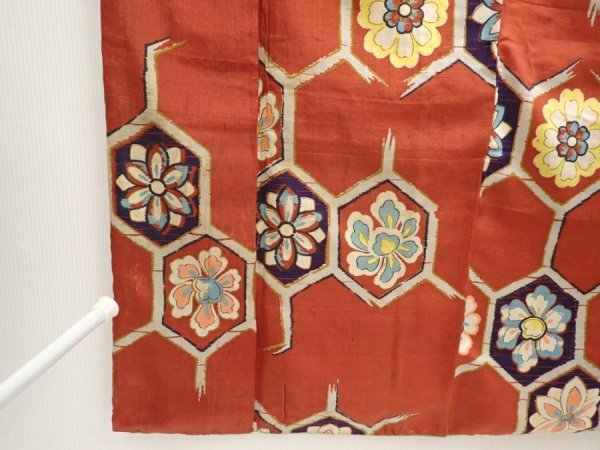 Photo7: 6827T04z620 Vintage Japanese Kimono Silk TSUMUGI Flowers Red-Brown (7)