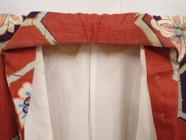 Photo8: 6827T04z620 Vintage Japanese Kimono Silk TSUMUGI Flowers Red-Brown (8)