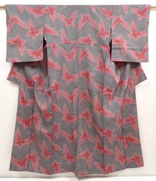 Photo1: 6827T05z690 Vintage Japanese Kimono Silk TSUMUGI Butterfly Gray (1)