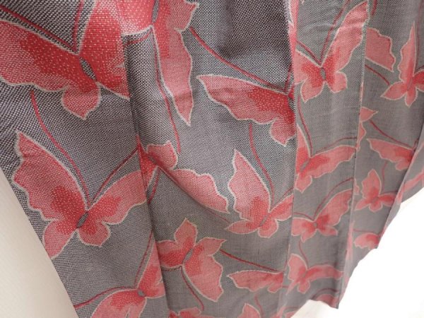 Photo3: 6827T05z690 Vintage Japanese Kimono Silk TSUMUGI Butterfly Gray (3)