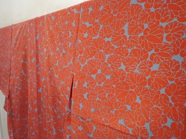 Photo2: 6827T08z630 Vintage Japanese Kimono Silk KOMON Aoi Orange-Red (2)