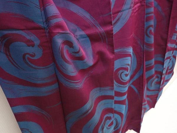 Photo3: 6827T09z620 Vintage Japanese Kimono Silk OMESHI Stream Wine red (3)