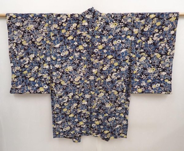 Photo1: 6827T10z640 Vintage Japanese Kimono Silk HAORI Flowers Dark purple (1)