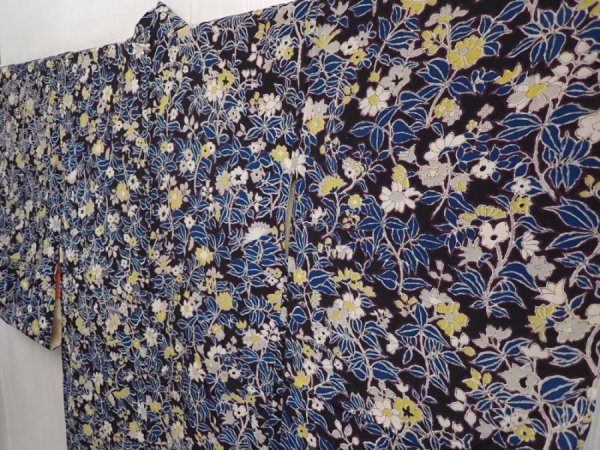 Photo2: 6827T10z640 Vintage Japanese Kimono Silk HAORI Flowers Dark purple (2)
