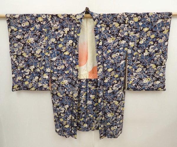 Photo7: 6827T10z640 Vintage Japanese Kimono Silk HAORI Flowers Dark purple (7)