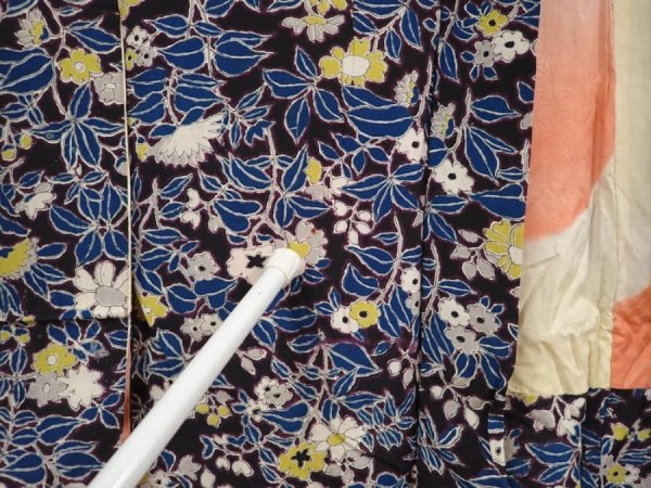 Photo8: 6827T10z640 Vintage Japanese Kimono Silk HAORI Flowers Dark purple (8)