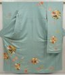 Photo1: 6827T11z1240 Vintage Japanese Kimono Silk FURISODE Flowers Dull cyan (1)