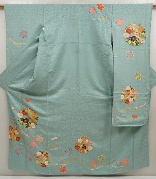 Photo1: 6827T11z1240 Vintage Japanese Kimono Silk FURISODE Flowers Dull cyan (1)
