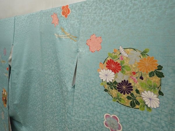 Photo2: 6827T11z1240 Vintage Japanese Kimono Silk FURISODE Flowers Dull cyan (2)