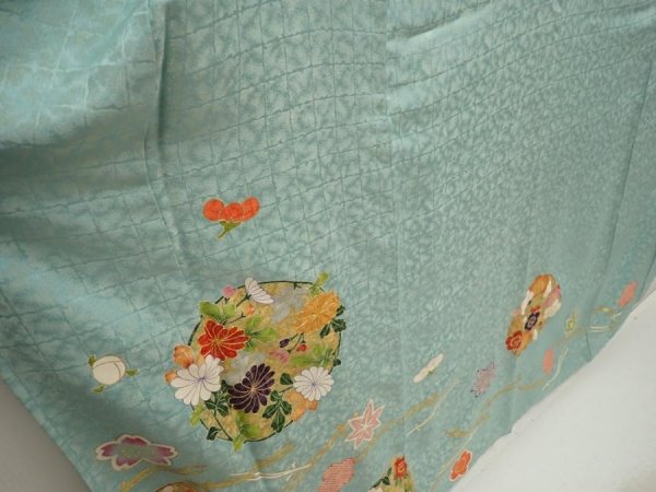 Photo3: 6827T11z1240 Vintage Japanese Kimono Silk FURISODE Flowers Dull cyan (3)