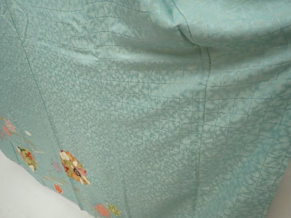 Photo4: 6827T11z1240 Vintage Japanese Kimono Silk FURISODE Flowers Dull cyan (4)