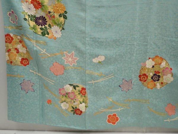 Photo6: 6827T11z1240 Vintage Japanese Kimono Silk FURISODE Flowers Dull cyan (6)