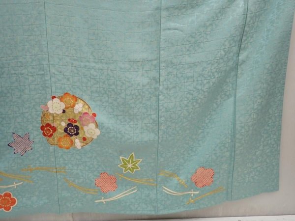 Photo7: 6827T11z1240 Vintage Japanese Kimono Silk FURISODE Flowers Dull cyan (7)