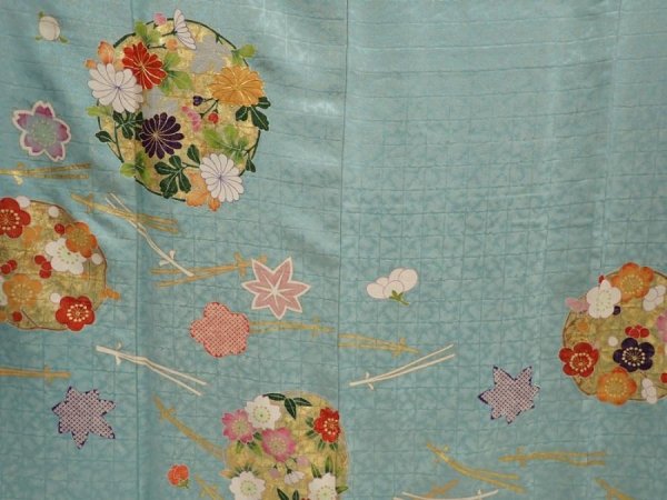 Photo8: 6827T11z1240 Vintage Japanese Kimono Silk FURISODE Flowers Dull cyan (8)