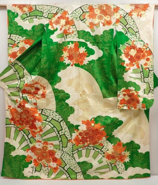 Photo1: 6827T12z1130 Vintage Japanese Kimono Silk FURISODE Chrysanthemum Green (1)