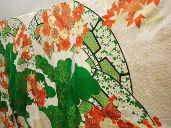 Photo2: 6827T12z1130 Vintage Japanese Kimono Silk FURISODE Chrysanthemum Green (2)