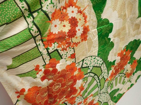 Photo3: 6827T12z1130 Vintage Japanese Kimono Silk FURISODE Chrysanthemum Green (3)