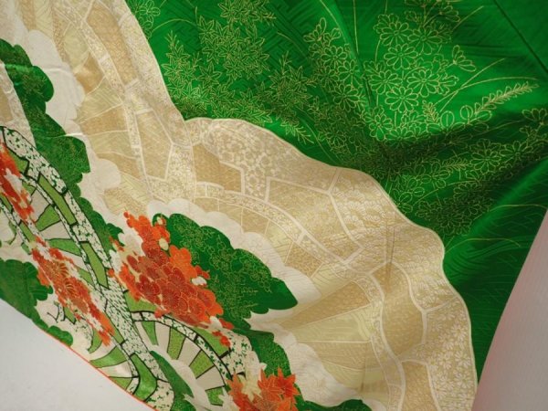 Photo4: 6827T12z1130 Vintage Japanese Kimono Silk FURISODE Chrysanthemum Green (4)