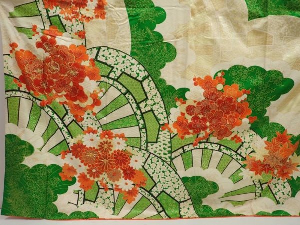 Photo5: 6827T12z1130 Vintage Japanese Kimono Silk FURISODE Chrysanthemum Green (5)