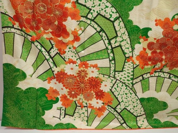Photo6: 6827T12z1130 Vintage Japanese Kimono Silk FURISODE Chrysanthemum Green (6)