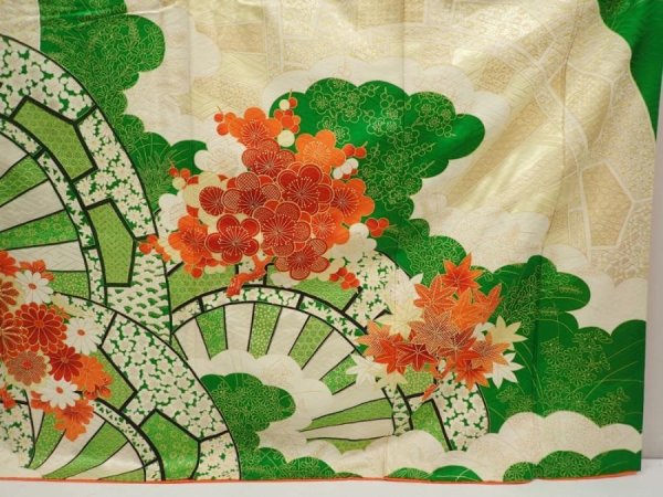 Photo7: 6827T12z1130 Vintage Japanese Kimono Silk FURISODE Chrysanthemum Green (7)