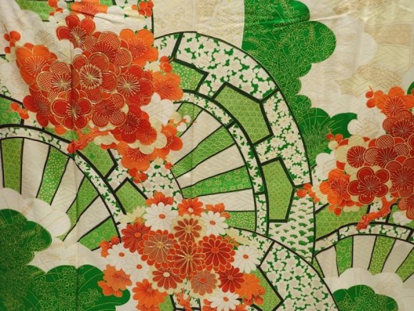 Photo8: 6827T12z1130 Vintage Japanese Kimono Silk FURISODE Chrysanthemum Green (8)
