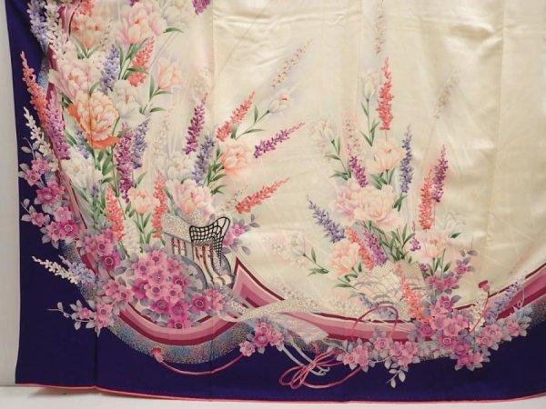 Photo5: 6827T13z1130 Vintage Japanese Kimono Silk FURISODE Royal cart Dark lavender (5)