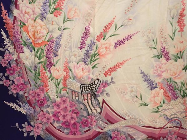 Photo8: 6827T13z1130 Vintage Japanese Kimono Silk FURISODE Royal cart Dark lavender (8)