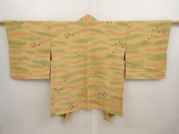Photo1: 6901T01z620 Vintage Japanese Kimono Silk HAORI Flower Yellow ochre (1)